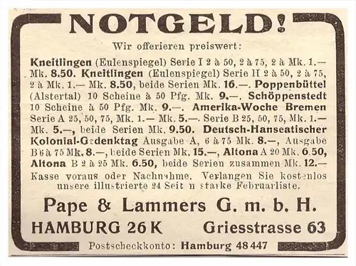 original Werbung - 1925 - Notgeld , Pape & Lammers GmbH in Hamburg , Griesstrasse !!!
