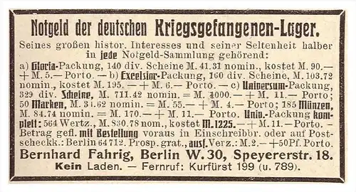 original Werbung - 1925 - Notgeld der deutschen Kriegsgefangenenlager , B. Fahrig in Berlin !!!