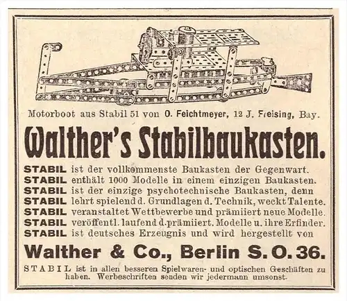 original Werbung - 1925 - Walther Stabil Baukasten , Walther & Co in Berlin , Spielzeug !!!