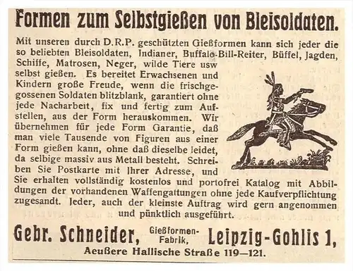 original Werbung - 1925 - Gießen von Bleisoldaten , Gebr. Schneider , Gießformfabrik in Leipzig , Blei , Spielzeug !!!
