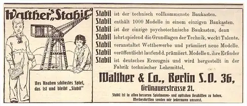 original Werbung - 1925 - Walther Stabil Baukasten , Walther & Co in Berlin , Spielzeug !!!