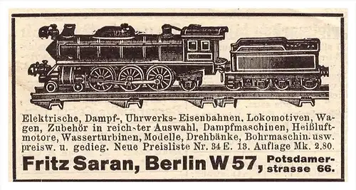 original Werbung - 1925 - Spielzeugeisenbahn , Fritz Saran in Berlin , Eisenbahn , Dampfmaschine , Spielzeug !!!
