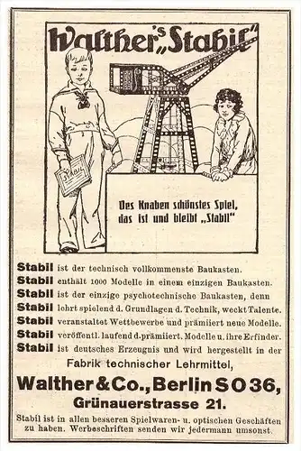 original Werbung - 1925 - Walther Stabil Baukasten , Walther & Co in Berlin , Spielzeug !!!