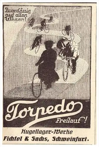 original Werbung - 1925 - Torpedo Freilauf , Fichtel & Sachs in Schweinfurt ,Fahrrad , bicycle !!!