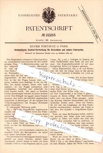 Original Patent - Xavier Portafax in Paris , 1882 , Control-Vorrichtung für Droschken , Taxameter !!!