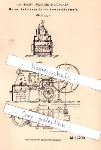 Original Patent - Dr. P. Pfeuffer in München , 1882 , Motor, betrieben durch Ammoniakdämpfe !!!
