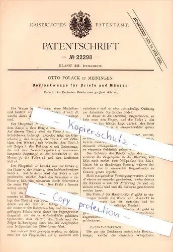 Original Patent - Otto Polack in Meiningen , 1882 , Berlockwaage für Briefe und Münzen !!!