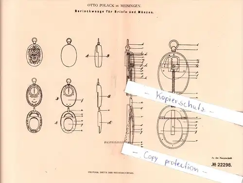 Original Patent - Otto Polack in Meiningen , 1882 , Berlockwaage für Briefe und Münzen !!!