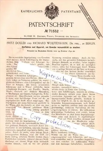 Original Patent - F. Doller und R. Wolffenstein , Dr. Phil. , in Berlin , 1892 , Gewebe wasserdicht machen !!!