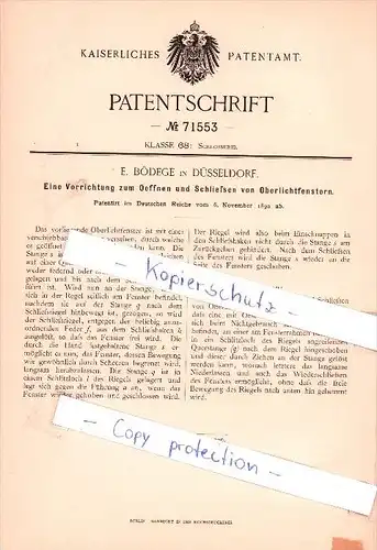 Original Patent - E. Bödege in Düsseldorf , 1892 , Öffnen und Schließen von Oberlichtfenstern !!!