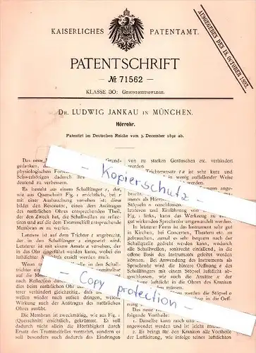 Original Patent - Dr. Ludwig Jankau in München , 1892 , Hörrohr , Ohrenarzt , Ohr !!!