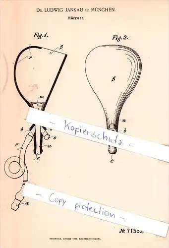 Original Patent - Dr. Ludwig Jankau in München , 1892 , Hörrohr , Ohrenarzt , Ohr !!!