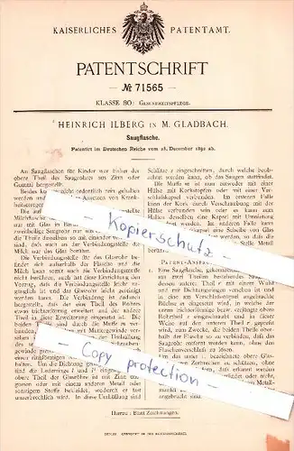 Original Patent - Heinrich Ilberg in M. Gladbach , 1892 , Saugflasche !!!
