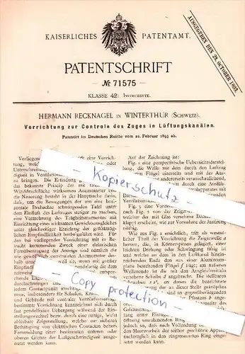 Original Patent - H. Recknagel in Winterthur , Schweiz , 1893 , Controle des Zuges , Instrumente !!!