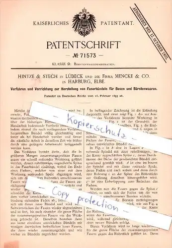 Original Patent - Hintze & Stech in Lübeck und die Firma Mencke & Co. in Harburg , Elbe , 1893 , !!!