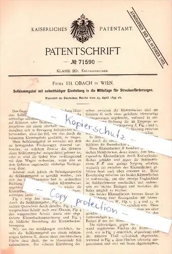 Original Patent - Firma Th. Obach in Wien , 1893 , Eisenbahn  !!!