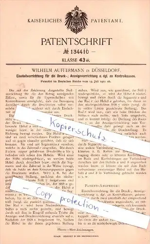 Original Patent - W. Auffermann in Düsseldorf , 1901 , Druck-, Anzeigenvorrichtung an Kontrollkassen !!!