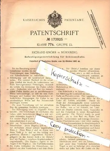 Original Patent - Richard Knörr in Nürnberg , 1905 , Befestigung für Schneeschuhe , Ski , Schnee !!!