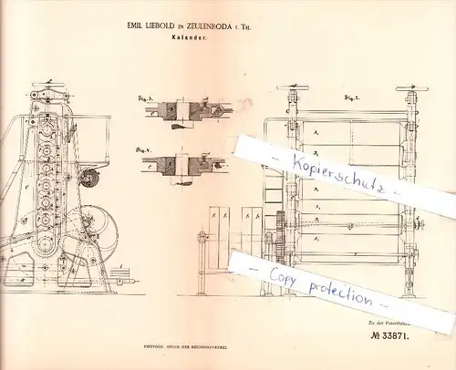 Original Patent - Emil Liebold in Zeulenroda i. Th. , 1885 , Kalander !!!