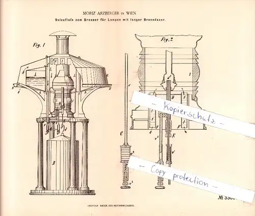 Original Patent - Moriz Arzberger in Wien , 1884 , Oelzufluß zum Brenner für Lampen mit langer Brenndauer !!!