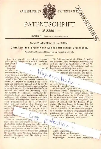 Original Patent - Moriz Arzberger in Wien , 1884 , Oelzufluß zum Brenner für Lampen mit langer Brenndauer !!!