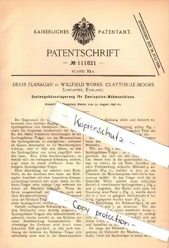 Original Patent - Denis Flanagan in Willfield Works , Clayton le Moors , 1898 , sewing machine , Lancaster  !!!