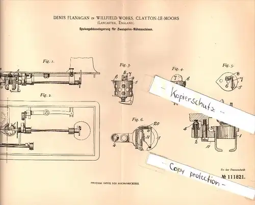 Original Patent - Denis Flanagan in Willfield Works , Clayton le Moors , 1898 , sewing machine , Lancaster  !!!