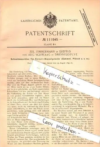 Original Patent - A. Schwaag in Drensteinfurt , 1899 , Schneidemaschine für Velour , J. Zimmermann in Krefeld !!!