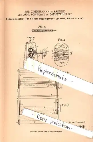 Original Patent - A. Schwaag in Drensteinfurt , 1899 , Schneidemaschine für Velour , J. Zimmermann in Krefeld !!!