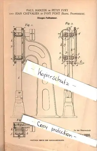 Original Patent - P. Hanzer à Petit Ivry et J. Chevalier à Ivry Port , 1899 , Tomber Marteau , Ivry-sur-Seine !!!
