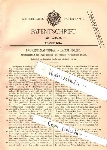 Original Patent - Laurenz Marciniak in Langendreer b. Bochum , 1902 , Vorhängeschloß !!!
