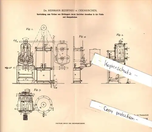 Original Patent - Dr. Hermann Bleibtreu in Odenkirchen , 1902 , Färben von Strähngarn , Wolle !!!