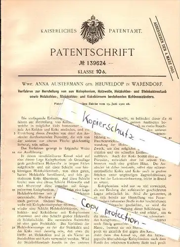 Original Patent - Anna Austermann , geb. Heuveldop in Warendorf , 1902 , Herstellung von Kohlenanzünder !!!