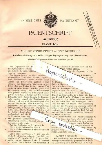Original Patent - August Vonderweidt à Bischweiler / Bischwiller , 1901 , Démarreur pour moteurs à gaz !!!
