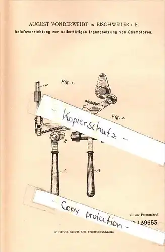 Original Patent - August Vonderweidt à Bischweiler / Bischwiller , 1901 , Démarreur pour moteurs à gaz !!!