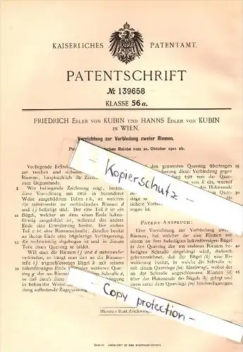 Original Patent - Friedrich Edler von Kubin in Wien , 1901 , Verbindung zweier Riemen !!!