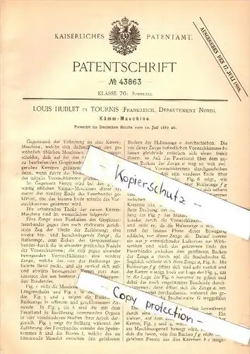 Original Patent - Louis Hublet à Tournis , Dep. Nord , 1887 , Machine pour la filature !!!