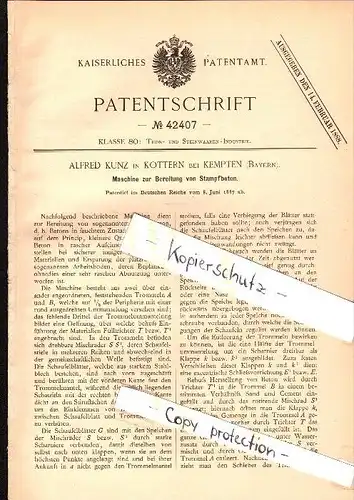 Original Patent - Alfred Kunz in Kottern b. Kempten , 1887 , Maschine für Stampfbeton , Beton , Bau , Maurer !!!