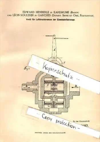 Original Patent -  Léon Soulerin à Garches , Seine et Oise , 1887 , Frein pour ferroviaire , E. Hemberle in Karlsruhe !!
