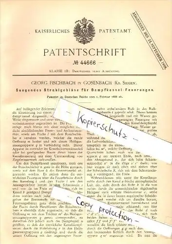 Original Patent - Georg Fischbach in Gosenbach b. Siegen , 1888 , Strahlgebläse für Dampfkessel !!!