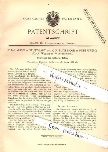 Original Patent - Gottlob Höhl in Rudersberg b. Welzheim ,1888, Heurechen mit stellbaren Zinken , E. Missel in Stuttgart