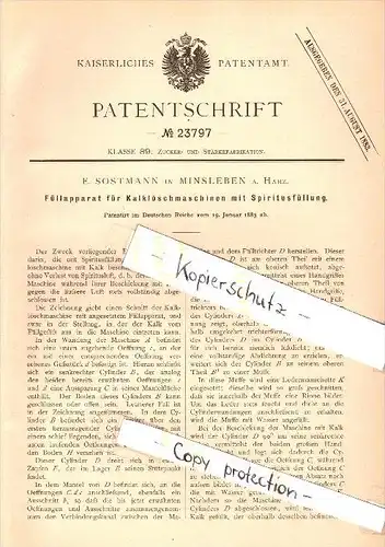 Original Patent - E. Sostmann in Minsleben b. Wernigerode a. Harz , 1883 , Füllaparate für Kalklöschmaschinen !!!