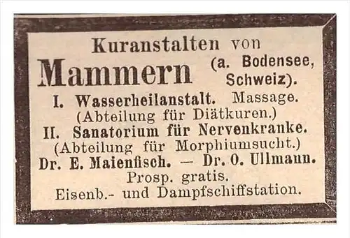 original Werbung - 1888 - Mammern b. Frauenfeld a. Bodensee , Dr. Maienfisch , Kur , Arzt , Krankenhaus , Apotheke !!!