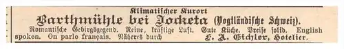 original Werbung - 1888 - Barthmühle bei Pöhl , Jocketa , Kur , Arzt , Krankenhaus , Apotheke !!!