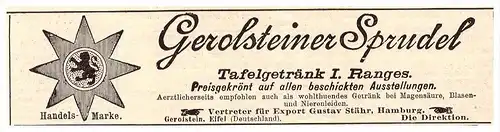 original Werbung - 1891 - Gerolsteiner Sprudel , Gerolstein , Gustav Stähr , Kur , Arzt , Krankenhaus !!