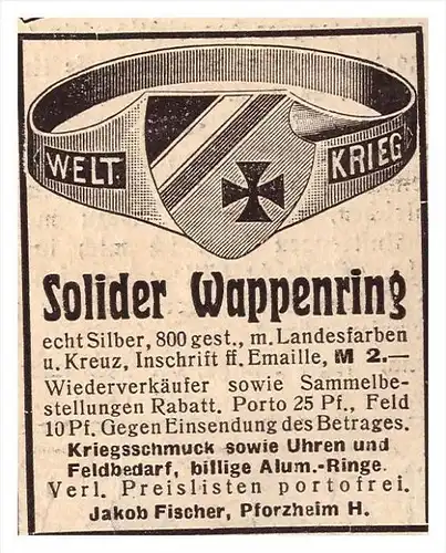 original Werbung - 1917 - Wappenring ,J. Fischer in Pforzheim , Fingerring , Militär , Armee !!!