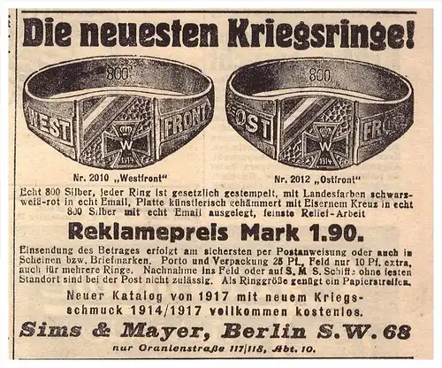 original Werbung - 1917 - Kriegsringe , Westfront , Ostfront , Sims & Mayer in Berlin , Fingerring , Militär , Armee !!!