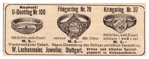 original Werbung - 1917 - U-Boot Ring , Fliegerring , W. Lachenmaier , Patriotika , Fingerring , Militär , Armee !