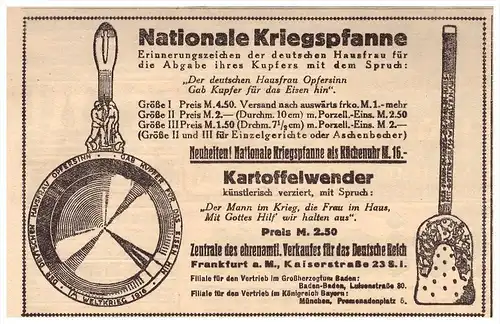 original Werbung - 1917 - Nationale Kriegspfanne , "Kupfer für Eisen" , Patriotika , Fingerring , Militär , Armee !!!