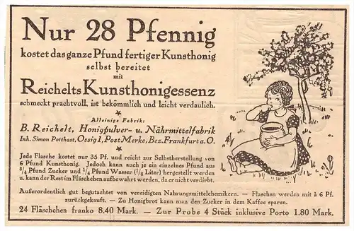 original Werbung - 1917 - Reichelts Kunsthonigessenz , Honig , S. Potthast in Ossig , Post Merke b. Göhren , Frankfurt !
